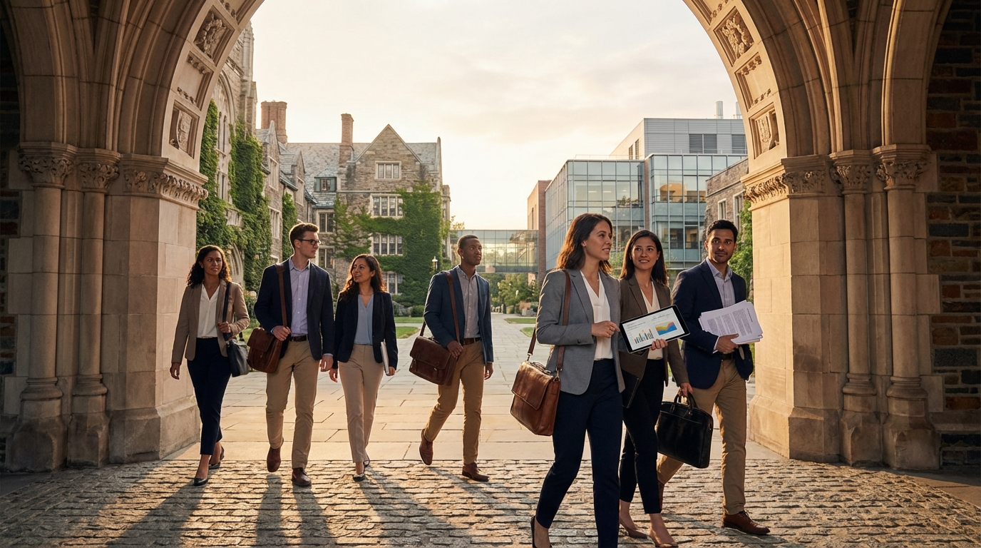 Graduate students walking through a prestigious university archway