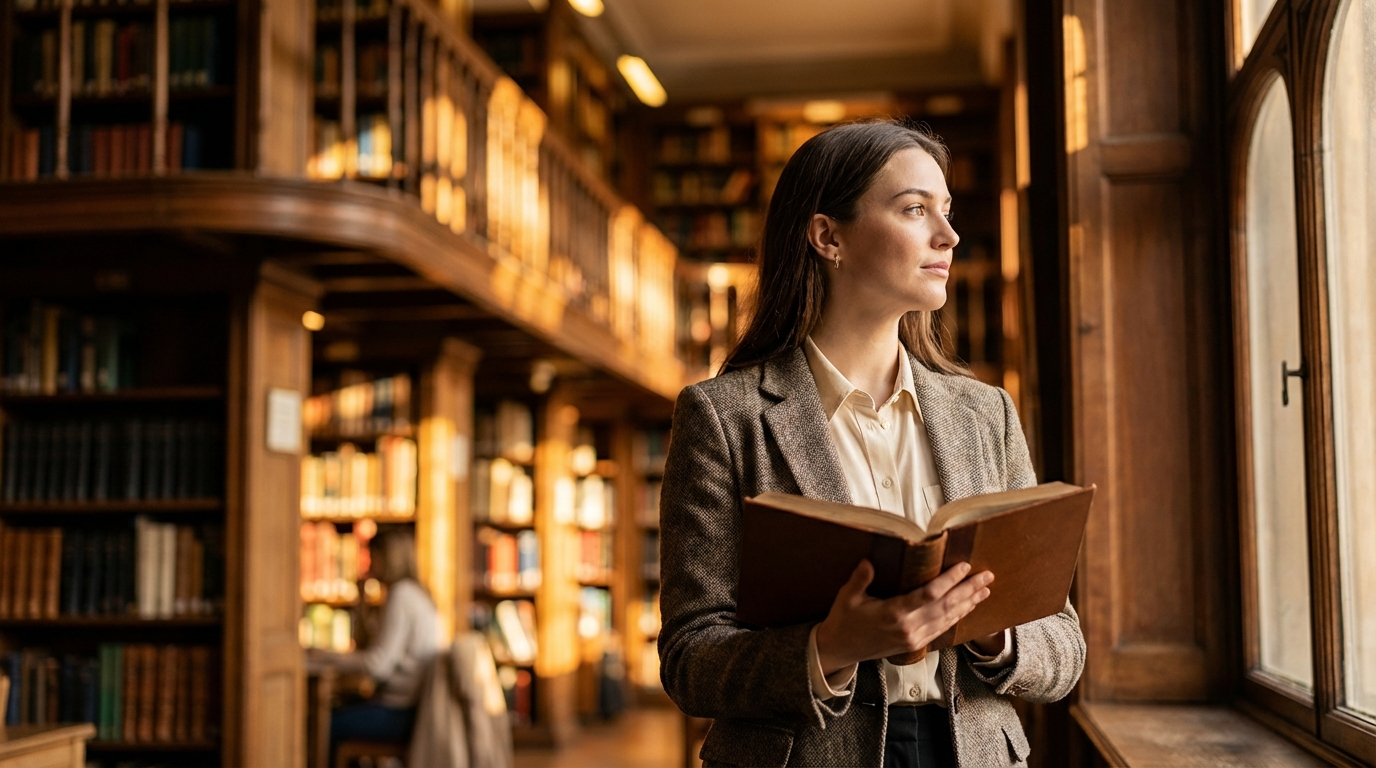 Doctoral researcher working in a prestigious university library at evening