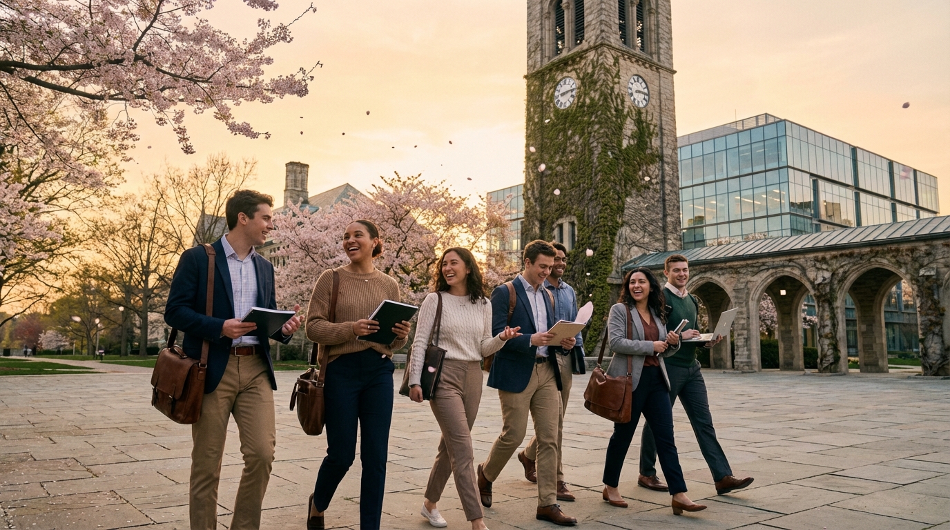 University students walking across an international campus with classical architecture